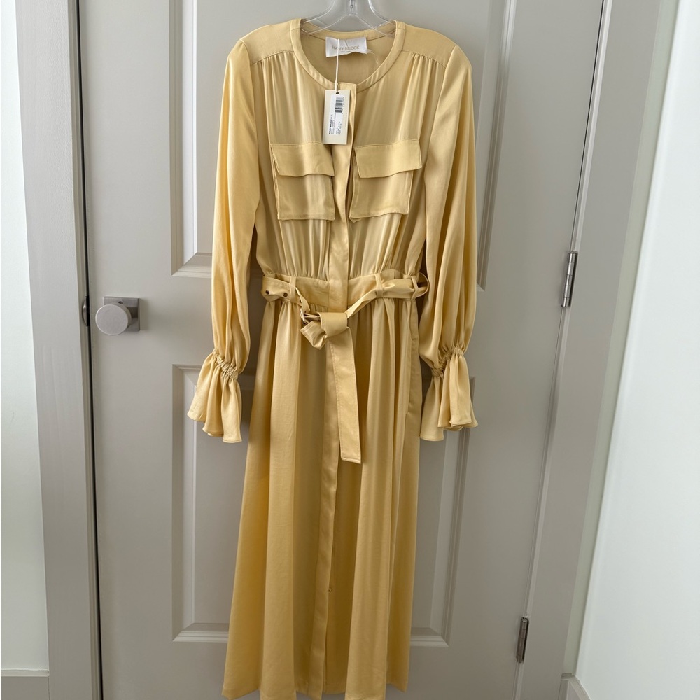 Ramy Brook. Size small. Yellow. Luxe satin. Cinched sleeves. Functioning belt.